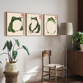 Houmury Set of 3 Framed Japanese Frog Wall Art Decor Vintage Wall Signs Cute Minimalist Decors