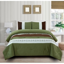 Grand Linen 3 Piece California Cal King Size Sage Green, Chocolate Brown, White Scroll Embroidery Down Alternative Comforter Set. Perfect Bedding for Any Bedroom or Guest Room