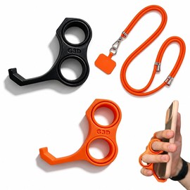 ENOMIN 3D Printed Phone Finger Holder- 360° Rotatable Ring to Prevent Pinky/Ring Finger Strain,Stand for Back of Phone &a Bonus Phone Lanyard,Hand Grip for Mobile Devices. (2, Black&Orange)