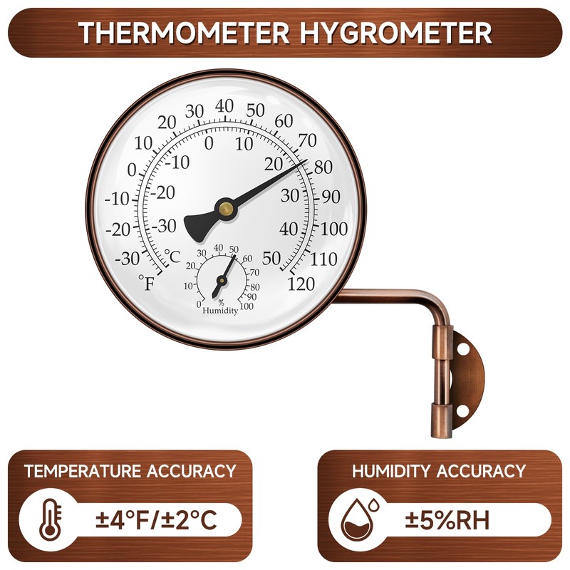 4" Brass Outdoor Thermometer Waterproof, Outside Decorative Thermometer for Patio,