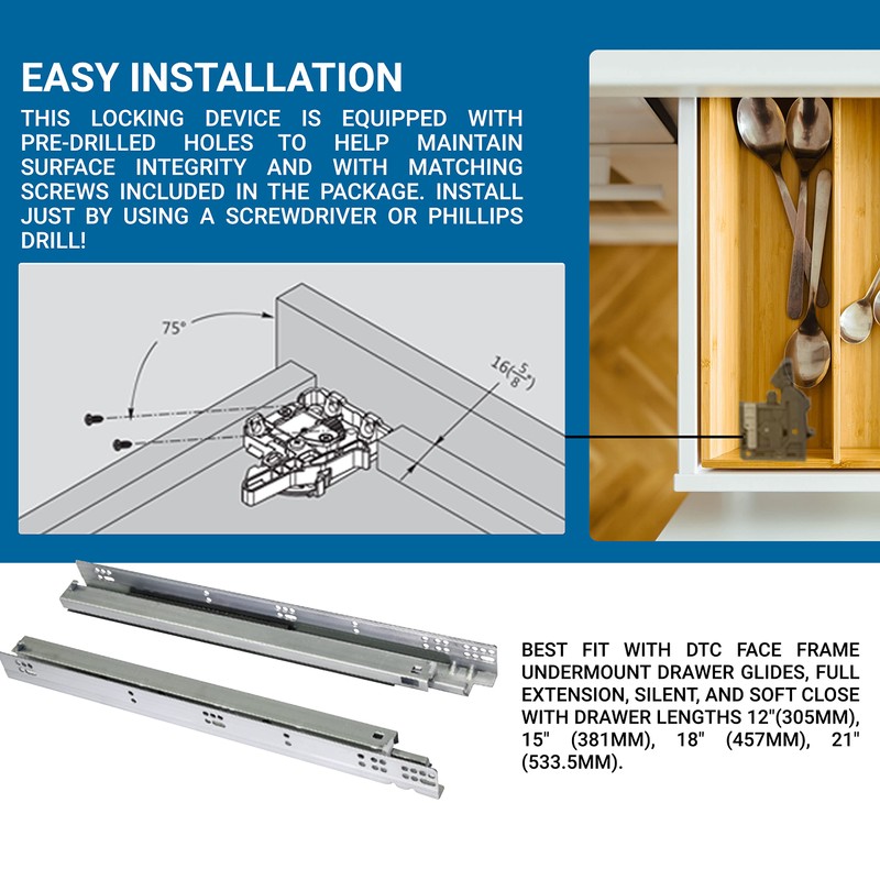 Pair of DTC Undermount Drawer Slide Plastic Front Locking Device,