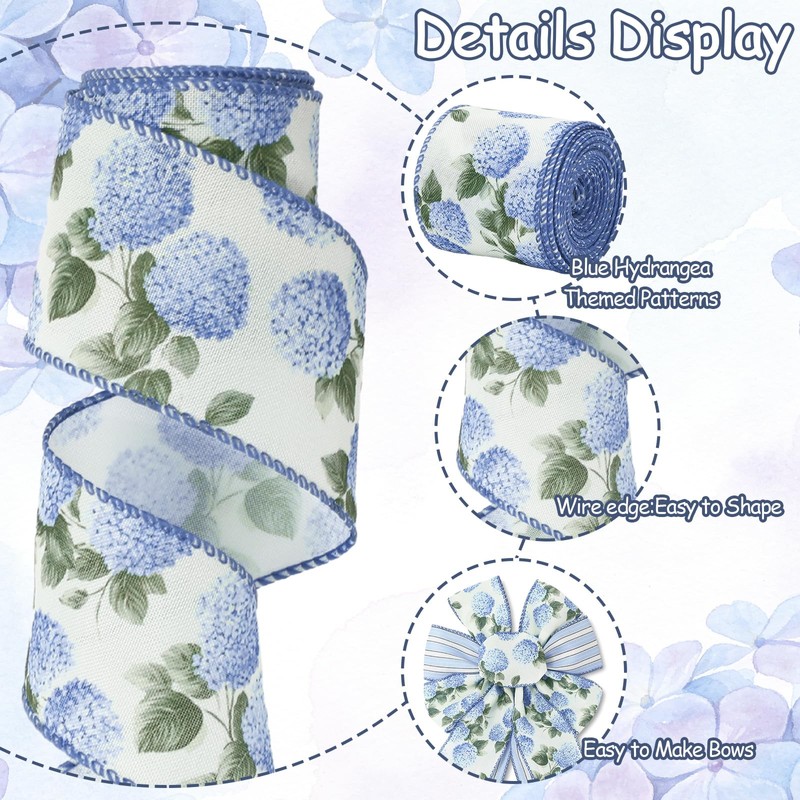 AnyDesign Hydrangea Flower Wired Edge Ribbon Blue Floral Stripe Craft