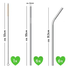 AllEco® Strohhalm wiederverwendbar Edelstahl 12er Set + Reinigungsbürste + Eco-Beutel - Premium-Qualität, umweltfreundlich, nachhaltig, wiederverwendbar & plastikfrei (6 gerade / 6 gebogen)