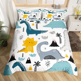 Kids Bedding Set, Cute Cartoon Dinosaur Pattern Comforter Cover for Boys Children Lovely Animal World Bedroom Decor Duvet Cover, Geometry Stripe Grid Printed Soft Microfiber Bedspread, Twin Size