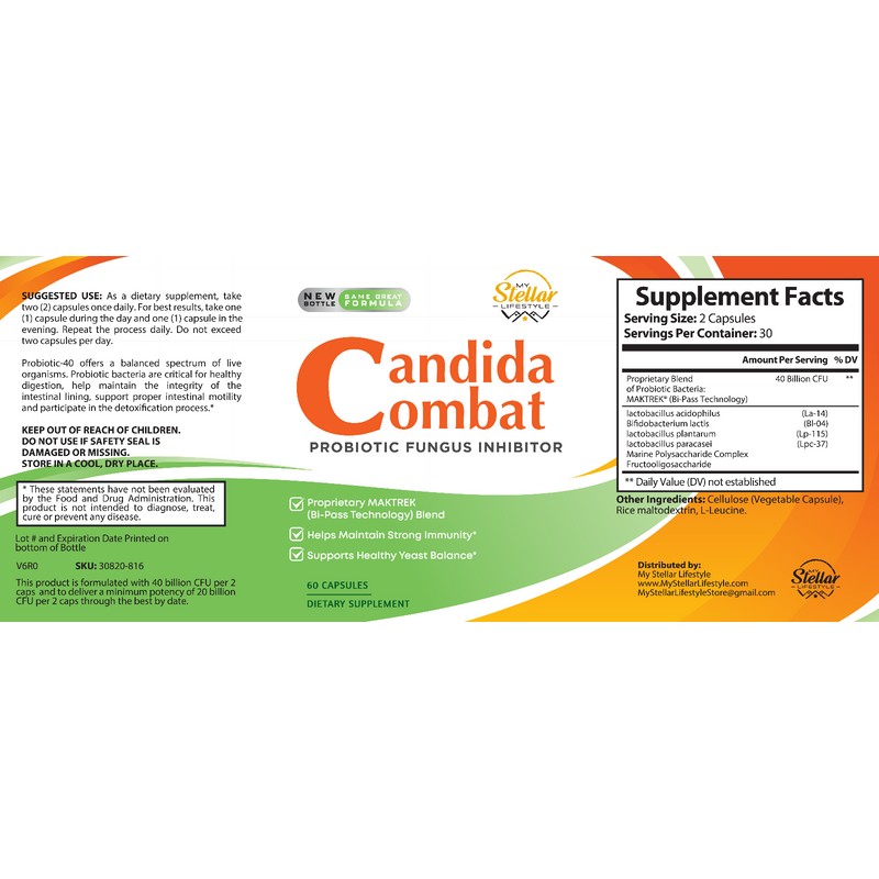 Candida Combat, probiotic fungus inhibitor-60 Capsules