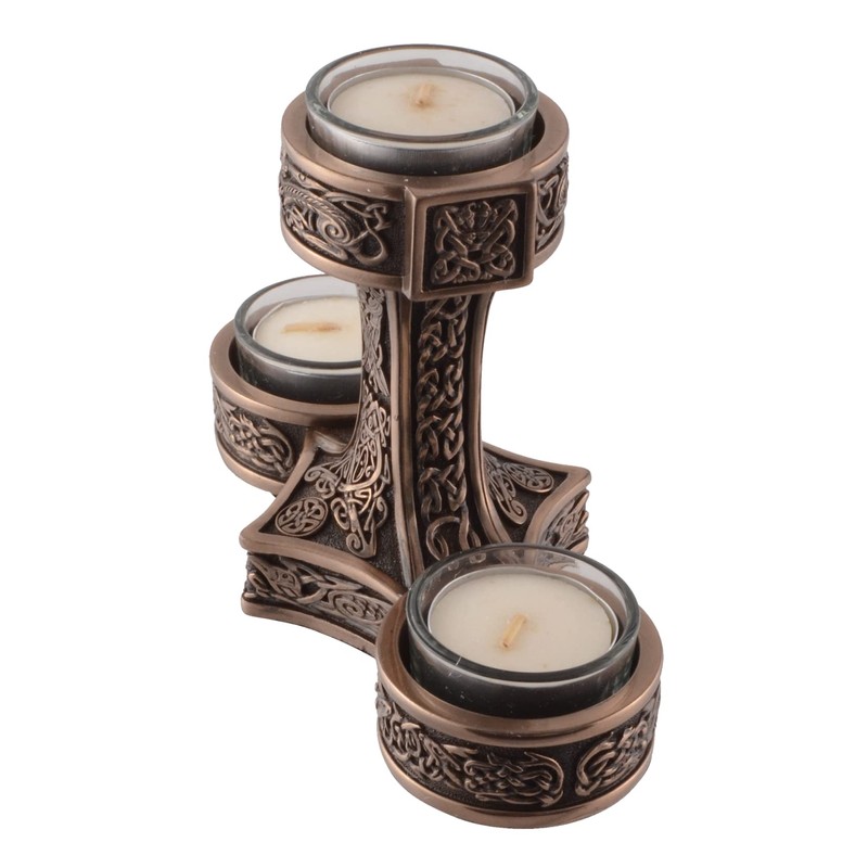 Veronese Germanic Tea Light Holder Mjolnir Thor's Hammer Bronzed 3