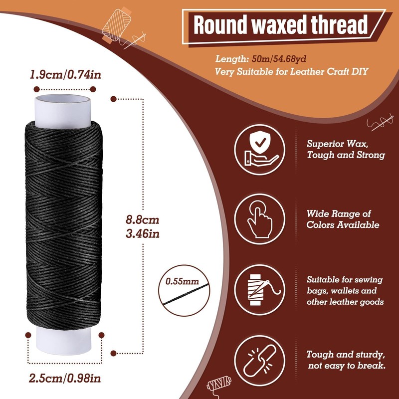KAQRHFT 0.55 mm 54 Yards Leather Thread for Sewing, Round