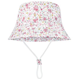 FenFang Baby Sun Hat, Toddler Bucket Hat, Kids Summer Fisherman Hats for Infants Boys Girls, Wide Brim Beach Cap Fisher Hat with Chin Strap (as8, Age, 2_Year, 4_Years, Pink Flower)