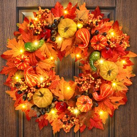 Fall Decor - Fall Wreaths for Front Door, 20 Inch Fall Wreath with Welcome Sign, Pumpkin Wreath Maple Leaves Berries Acorn Autumn Wreath for Harvest Thanksgiving Indoor Outdoor Decor