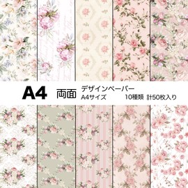 TOHYAN A4 Double-sided Design Paper, Pink Floral Pattern, Rose, Fine Paper, 90 Desses, Wrapping Paper, 10 Types, 50 Sheets, Made in Japan, Color Design Paper, Collage, Wrapping Paper, Botanical, Elegant, Flower, Cute, Stylish, Handmade, Craft
