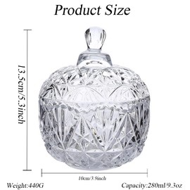Happyupcity 280ml/9.3oz Transparent Glass Candy Dish with Lid Crystal Covered Sugar Bowl Buffet Biscuit Jar Decorative Storage Containers for Home Office Desk