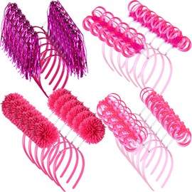 Censen 24 Pcs Pom Pom Headband Tinsel Wrapped Ponytails Head Bopper Headwear Hair Accessories Party Costume(Pink)