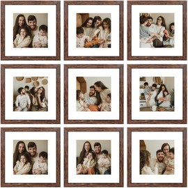 YESKAY 12x12 Picture Frame Set of 9, Photo Gallery Wall Frame Set, Display Pictures 8x8 with Mat or 12 x 12 Without Mat, Square Frame Picture Frames Collage Wall Decor, Rustic Brown