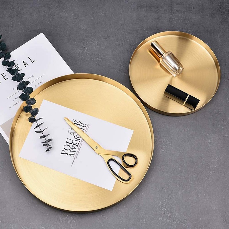 jingfei Round Gold Tray,Metal Decorative Tray Tray Organizer for,Bathroom,Dress, Brass,