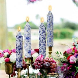 Floral Candle Sticks Printed Candlestick 4 pcs Blue and White Porcelain Unscented Taper Candle Long 7 inches Blue Flower Tapered Candles for Home Dinner Wedding Holiday