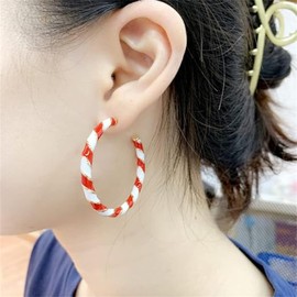MALOYANVE Big Candy Earrings Gold Red White Black Twisted Wrapping Open Hoops Earrings Christmas Festival Holiday Jewelry for Women Ladies (Red and White)