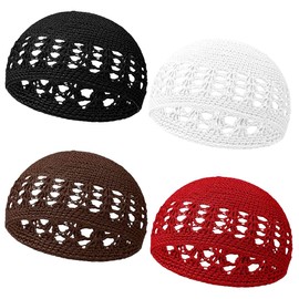 AKONNAS Knit Kufi Hats Crochet Beanie Skull Caps Solid Colors Stretchy Knitted Hats Muslim Caps for Men Women Teens(Black White Khaki Red)