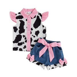Western Baby Girl Denim Outfits Cow Print Ruffle Sleeve Button Down Tops with Bowknot Wide Leg Jean Shorts Set (Denim Pink, 18-24 Months)