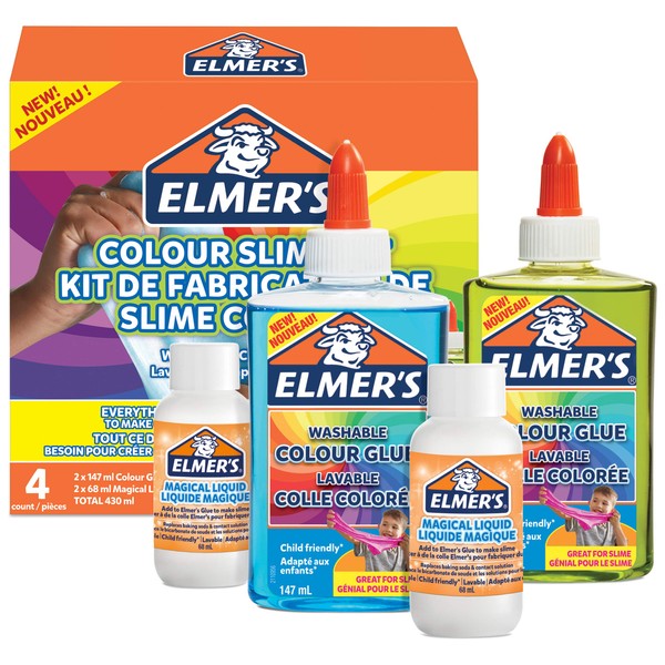 Elmer's kit pour slime coloré Ingrédients pour slime avec colle colorée PVA translucide Couleurs assorties Liquide magique activateur de slime inclus Kit de 4 pièces