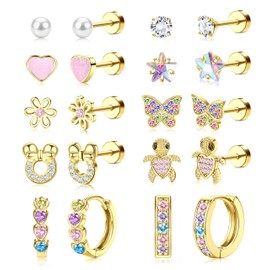 Adramata 10 Pairs Kids Flat Back Earrings Hypoallergenic Hoop Earrings for Girls Stainless Steel Heart Flower Cubic Zirconia Cute Screwback Studs Small Earring Set Silver/14K Gold Plated