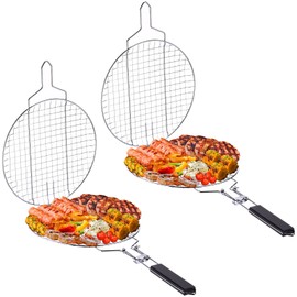 Yungyan 2 Pcs Grill Basket for Outdoor BBQ Grill Basket Fish Grilling Basket with Handle Stainless Steel Portable Grill Rack for Vegetables Shrimp Steak Cooking Accessories Gift(Round)