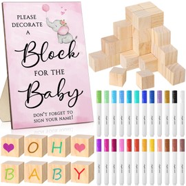 Tatuo 75 Pcs Baby Shower Games Sign Kit Including Decorate a Block Game Sign 50 DIY Wooden Block 24 Acrylic Paint Marker Baby Shower Prize for Gender Reveal Party(Elephant)
