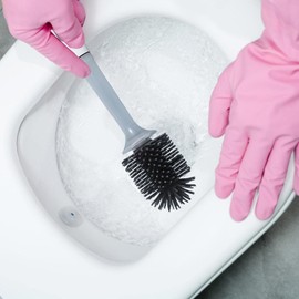 Dispensador de escobillas de inodoro de silicona con dispensador de jabón, kit de limpieza de escobillas de inodoro de montaje en pared para hogar, cepillos de inodoro antideslizantes de mango largo