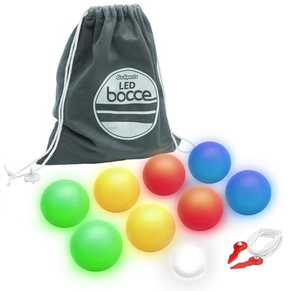 GoSports 85mm LED Bocce Ball Game Set - Includes 8 Light Up Bocce Balls (8.5oz Each), Pallino, Case and Measuring Rope