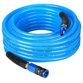 EADUTY Heavy Duty Reinforced Polyurethane Air Hose 1/4 in x 50 ft, Lightweight, Flexible Compressor Hose with Universal Quick Coupler, Plug and Bend Restrictors, Blue
