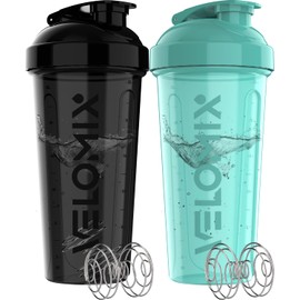 VELOMIX -2 Pack- 28 oz Protein Shaker Bottles for Protein Mixes - 2x Wire Whisk | Leak Proof Shaker Cups for Protein Shakes | Protein Shaker Bottle Pack (Black/Turquoise)
