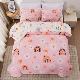 Holawakaka Boho Rainbow Daisy Twin Comforter Set with Sheets, 5-Piece Bohemian Sun Flower Bedding Set for Girls & Women - Super Soft Microfiber Kids Teen-Girls Orange Reversible Bed-in-a-Bag