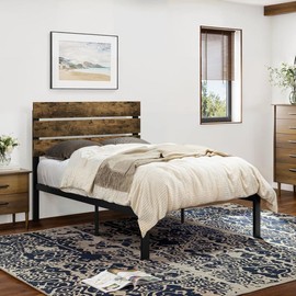 SHA CERLIN Rustic Style Platform Bed Frame with Wooden Headboard, Twin/Full/Queen Size, Strong Metal Slats Support, Easy Assembly, Only Frame No Mattress - Color: Dark Brown, mattress & bed frame size: FULL