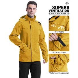 iCreek Rain Suit Waterproof Jacket with Pants 2 Pieces Breathable Lightweight Packable Raincoat with Hooded Rainwear Unisex（L, Yellow）