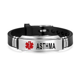 GMXLin ASTHMA Medical Alert Silicone Sport Bracelet for Men Women Stainless Steel Engraved First Aid Health Monitoring Adjustable Emergency ID Wristband Bracelets