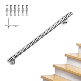Stair Handrail Kit,4FT Heavy Duty Wall Mounted Railing System 304 Stainless Steel 1-11/16 Inch Pipe Indoor Outdoor Use Secure Grab Bar for Wood Concrete Brick Walls Staircase Railing Silver