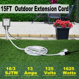 15FT White Outdoor Extension Cord - 16AWG 90Degree Flat Plug Outdoor 3 Prong Extension Cord, Single SJTW Extension Cord,125V 13A 1625W Weatherproof Flexible Yard Extension Cord for Christmas Light