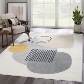 Abani Rugs Cream and Gray 8 ft. x 10 ft.(7'9"x10'2") Mid-Century Rug with Circles and Lines. Neutral Tones of Cream, Gray and a pop of Yellow. Minimalistic Design Turkish Stain Resistant Area Rug.