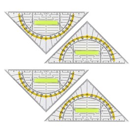 Set of 4 Large Set Squares - Geometry Triangle Set Square with Handle - Plastic Drawing Triangle Protractor - Flexible Set Square - Technical Scale & Protractor for School, University or Office