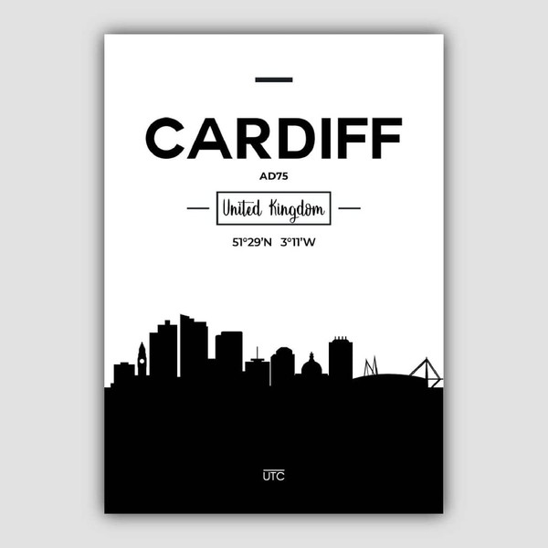 Artze Wall Art Cardiff City Skyline Cityscape Print, A3 Size