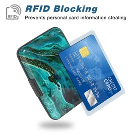Atufsuat Credit Card Holder, Mini Aluminum Card Wallet RFID Blocking Slim Metal Hard Card Case for Women Men, Ocean Marble