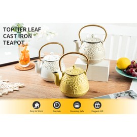 TOPTIER Japanese Cast Iron Tea Kettle with Infuser,Teapot Stovetop Safe, Leaf Design , Coated with Enameled Interior for 32 Ounce (950 ml), White