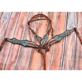 Showman Headstall & Breast Collar Set w/Turquoise Beaded Inlays & Painted Feathers
