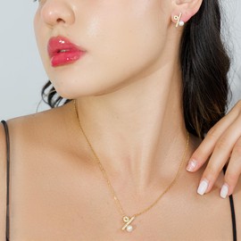 GLOSSET Gold Pearl Necklace and Earring Set, 18K Gold Plated Cubic Zirconia Earrings and Necklace Set for Women, Dainty Freshwater Pearl Jewelry Set for Women Gift, Medium Length, 18K Gold Plated