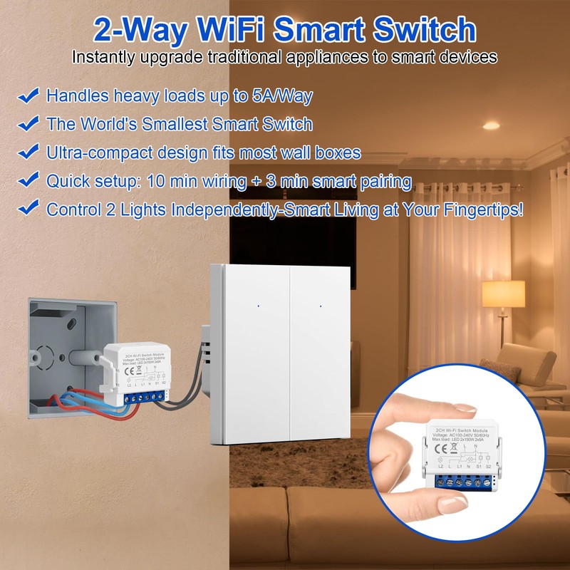 SOARFLY Smart Lichtschalter Modul 2-Weg, WLAN Schalter Smart Life Tuya