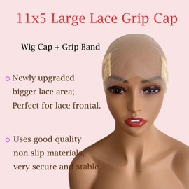 Lace Wig Grip Cap for Glueless Wig 11x5 Large Transparent Lace Reusable Wig Cap, Grip Cap for Lace Frontal Wigs to Keep Wigs in Place, Adjustable Wig Cap with Non Slip Grip Band for Women (Beige)