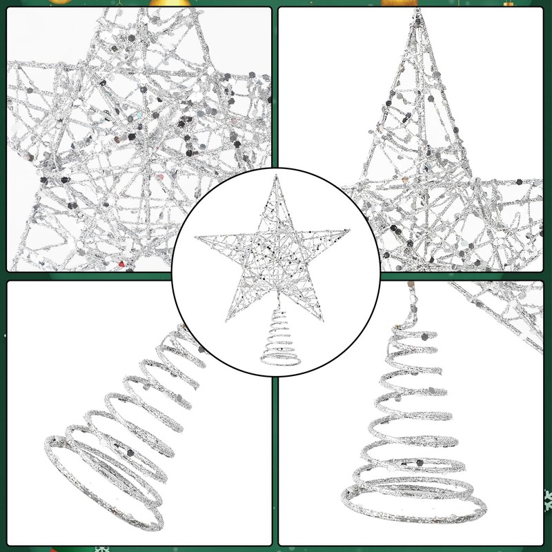 VEYLIN Christmas Tree Topper, Silver Glittered Hollow Christmas Tree Topper