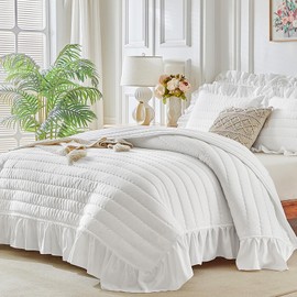 Ruffled Quilt Set Queen Size 92 * 92in - 3 Pieces Solid Shabby Chic Farmhouse Ruffles Stripes Waves Bedding Rustic Coverlet & Sets Lightweight Summer Boho Bedspread with Shams for Women Men - White