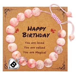 ECOOLOC Initial Letter Birthday Graduation Gifts for Her, Adjustable Beaded Natural Stone Bracelet with Heart Charm for Daughter, Niece,Sister and Friend