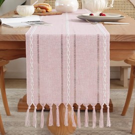 meioro Rustic Table Runner with Tassels, Farmhouse Boho Table Runners Braided Striped, Cotton Linen Table Decoration for Dining Party Holiday and Wedding, 108 Inches, Pink
