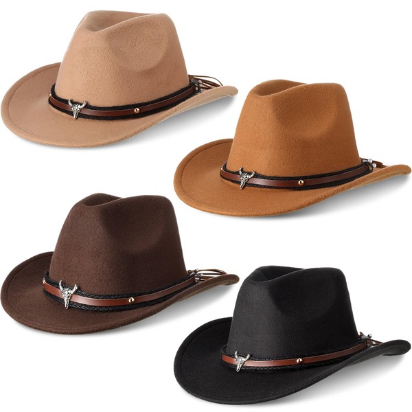 Foaincore 4 Pcs Unisex Western Cowboy Hat American Faux Fur Felt Fedora Hats Outback Wide Brim Felt Travel Cap for Men Women Adults Party Cosplay Costume Outdoor, 4 Colors Multicolor